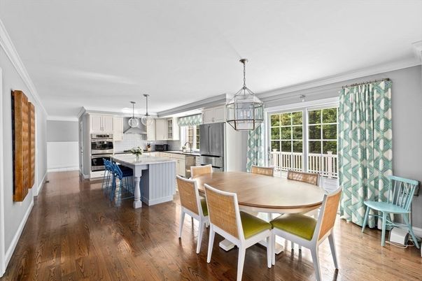 Dining room, Interior, Kitchen, Pendant Lights, Stainless Steel Appliances, Wood Texture Flooring
