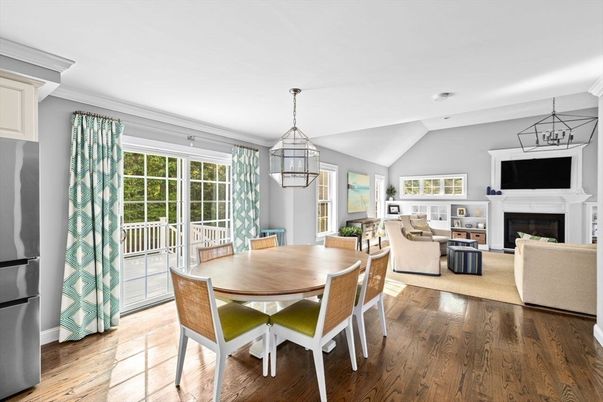Dining room, Fireplace, Interior, Living room, Pendant Lights, Wood Texture Flooring