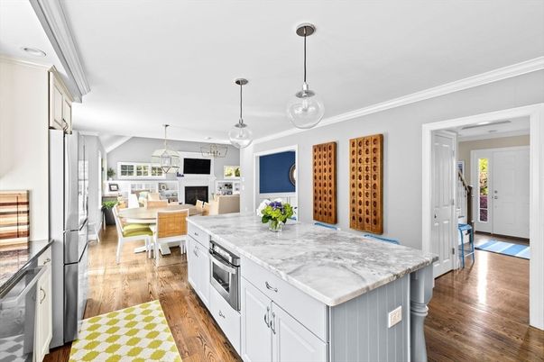 Dining room, Fireplace, Interior, Kitchen, Pendant Lights, Wood Texture Flooring