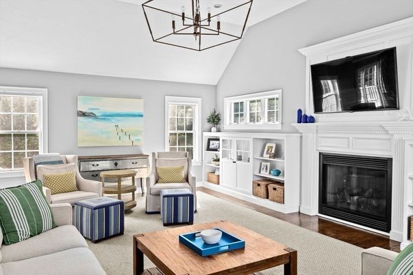 Fireplace, Interior, Living room, Pendant Lights, Wood Texture Flooring