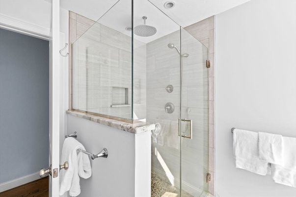 Bathroom, Glass Shower, Interior, Wood Texture Flooring