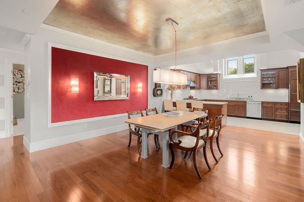 Dining room, Interior, Kitchen, Pendant Lights, Wood Texture Flooring