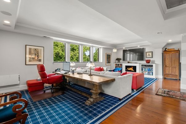Fireplace, Home Office, Interior, Living room, Recessed Lighting, Wood Texture Flooring
