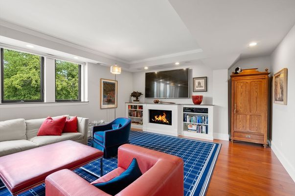 Fireplace, Interior, Living room, Recessed Lighting, Wood Texture Flooring
