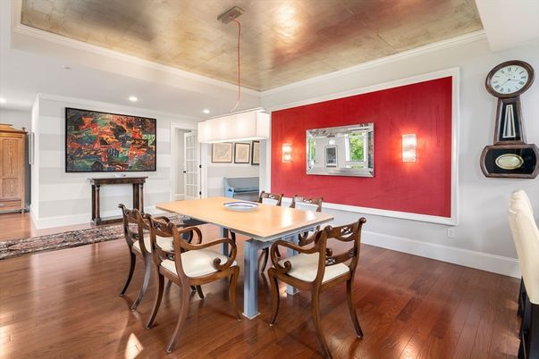 Dining room, Interior, Pendant Lights, Recessed Lighting, Wood Texture Flooring