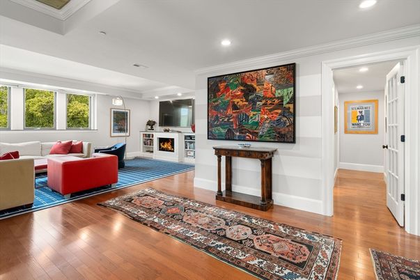 Fireplace, Interior, Living room, Recessed Lighting, Wood Texture Flooring
