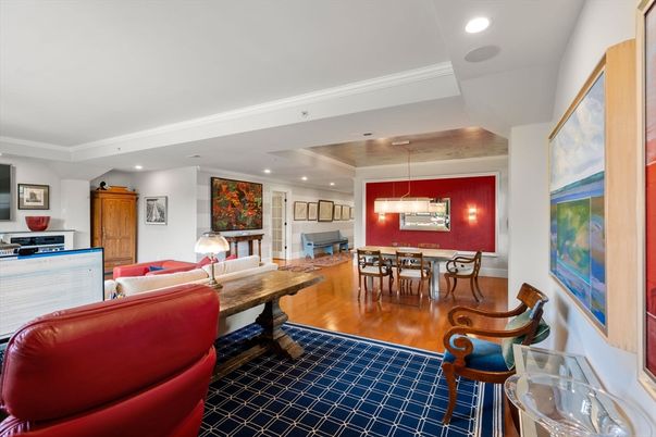 Dining room, Interior, Living room, Pendant Lights, Recessed Lighting, Wood Texture Flooring