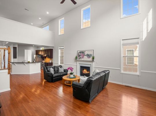 Fireplace, Interior, Kitchen, Living room, Recessed Lighting, Wood Texture Flooring