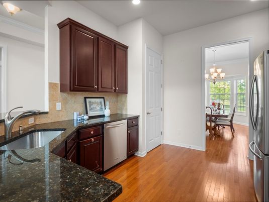 Chandelier, Dining room, Interior, Kitchen, Recessed Lighting, Wood Texture Flooring