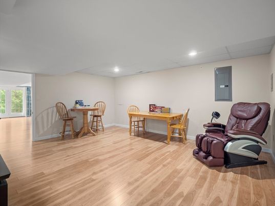 Dining room, Interior, Recessed Lighting, Wood Texture Flooring
