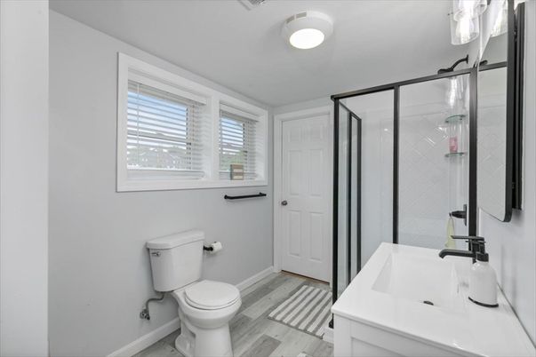 Bathroom, Glass Shower, Interior, Wood Texture Flooring