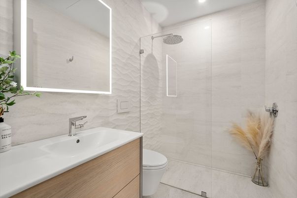 Bathroom, Glass Shower, Interior, Recessed Lighting