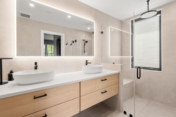 Bathroom, Dual Sink Vanities, Glass Shower, Interior, Recessed Lighting
