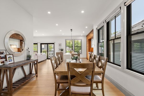 Dining room, Interior, Living room, Pendant Lights, Recessed Lighting, Wood Texture Flooring