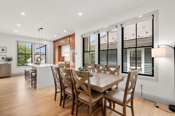 Dining room, Interior, Kitchen, Pendant Lights, Recessed Lighting, Wood Texture Flooring