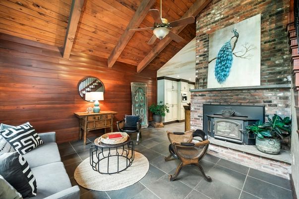 Fireplace, Interior, Living room, Recessed Lighting, Stone Walls, Wooden Beams, Wooden Ceilings, Wooden Walls