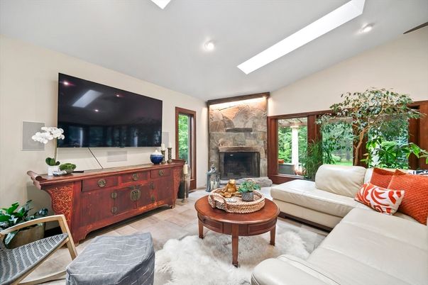 Fireplace, Interior, Living room, Recessed Lighting, Stone Walls