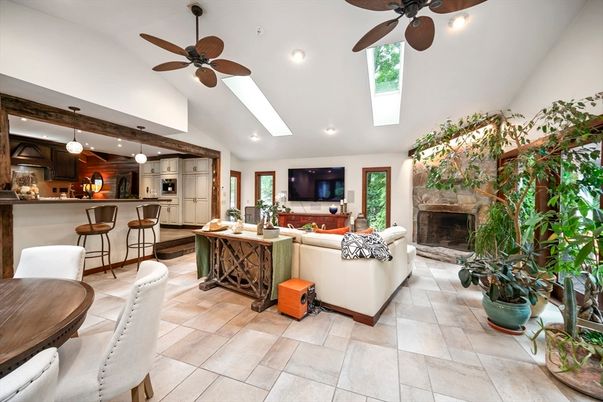 Dining room, Fireplace, Interior, Kitchen, Living room, Pendant Lights, Recessed Lighting