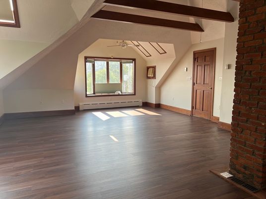 Empty room, Fireplace, Interior, Stone Walls, Wooden Beams, Wood Texture Flooring