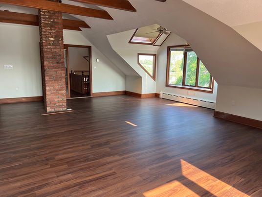 Empty room, Fireplace, Interior, Stone Walls, Wooden Beams, Wood Texture Flooring