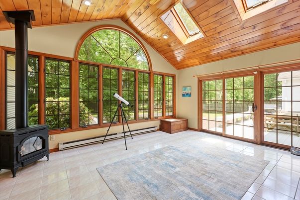 Fireplace, Interior, Recessed Lighting, Sun Room, Wooden Ceilings