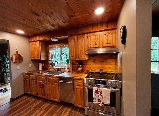 Interior, Kitchen, Recessed Lighting, Stainless Steel Appliances, Wooden Ceilings, Wood Texture Flooring