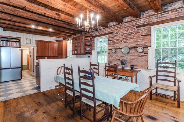 Chandelier, Dining room, Interior, Kitchen, Stone Walls, Wooden Beams, Wooden Ceilings, Wood Texture Flooring