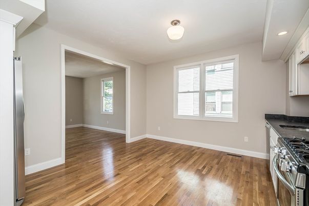 Empty room, Interior, Kitchen, Recessed Lighting, Wood Texture Flooring