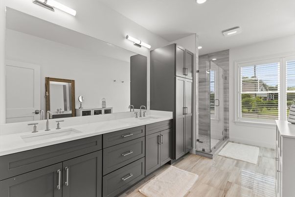 Bathroom, Dual Sink Vanities, Glass Shower, Interior, Recessed Lighting, Wood Texture Flooring