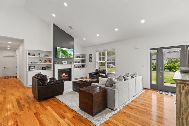 Fireplace, Interior, Living room, Recessed Lighting, Wood Texture Flooring