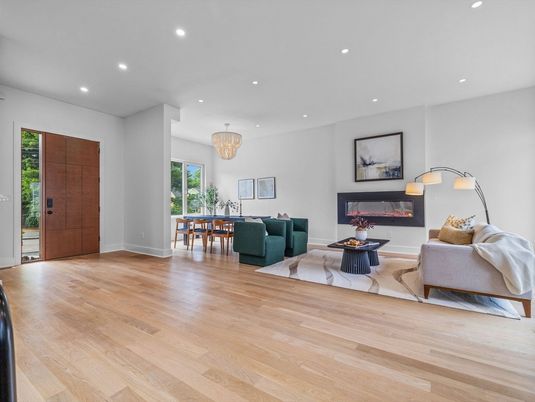 Chandelier, Dining room, Fireplace, Interior, Living room, Recessed Lighting, Wood Texture Flooring