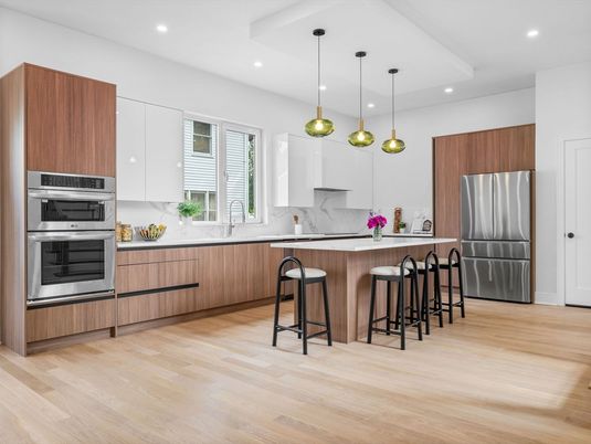 Interior, Kitchen, Pendant Lights, Recessed Lighting, Stainless Steel Appliances, Wood Texture Flooring