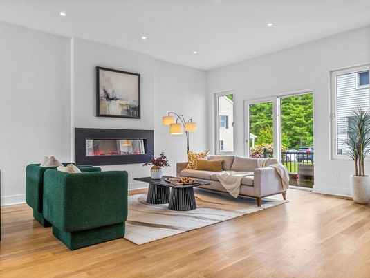 Fireplace, Interior, Living room, Recessed Lighting, Wood Texture Flooring