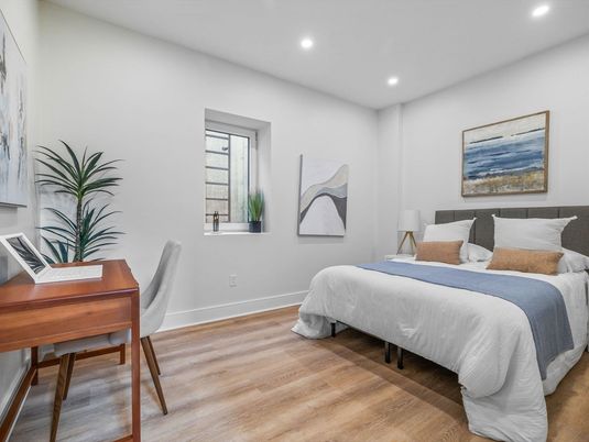 Bedroom, Interior, Recessed Lighting, Wood Texture Flooring