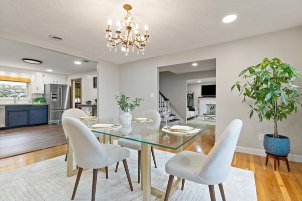 Chandelier, Dining room, Interior, Kitchen, Recessed Lighting, Stainless Steel Appliances, Wood Texture Flooring