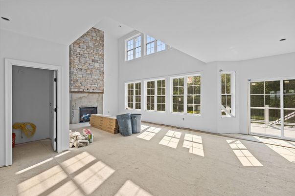Empty room, Fireplace, Interior, Recessed Lighting, Stone Walls