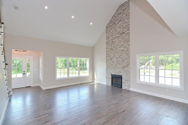 Empty room, Fireplace, Interior, Recessed Lighting, Wood Texture Flooring