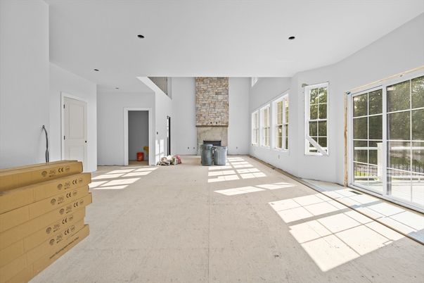 Empty room, Fireplace, Interior, Recessed Lighting, Stone Walls