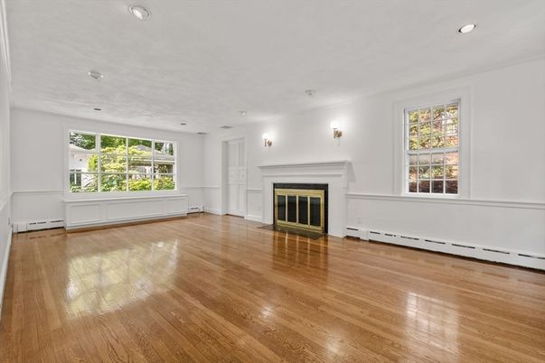 Empty room, Fireplace, Interior, Recessed Lighting, Wood Texture Flooring