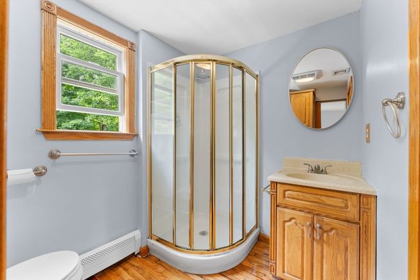 Bathroom, Glass Shower, Interior, Wood Texture Flooring