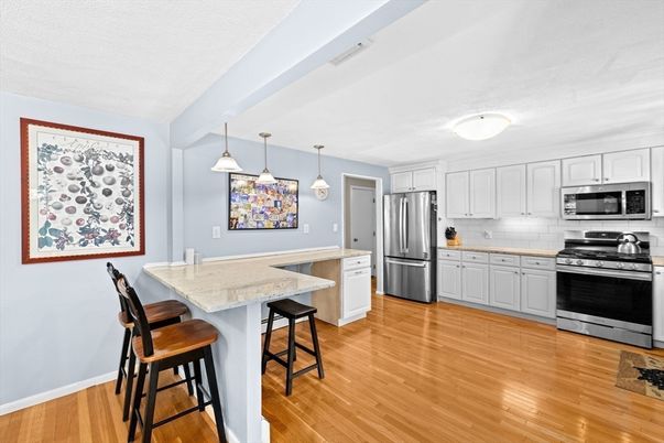 Interior, Kitchen, Pendant Lights, Stainless Steel Appliances, Wood Texture Flooring