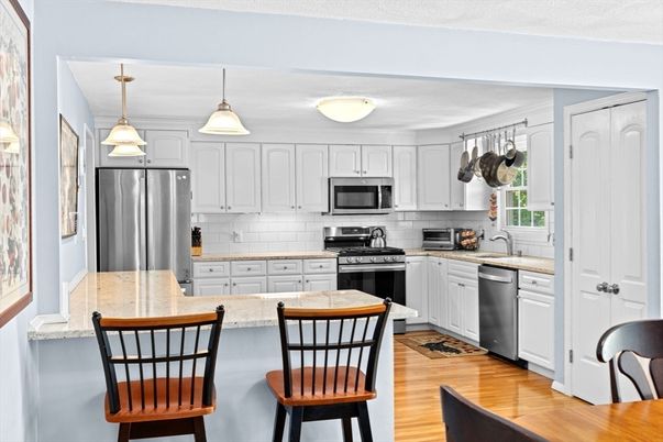 Interior, Kitchen, Pendant Lights, Stainless Steel Appliances, Wood Texture Flooring