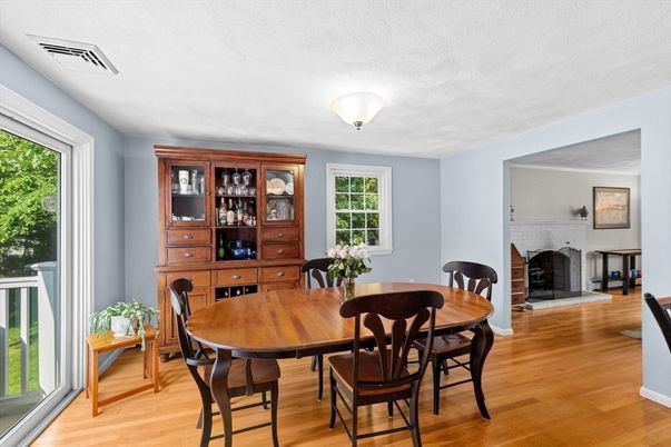 Dining room, Fireplace, Interior, Wood Texture Flooring