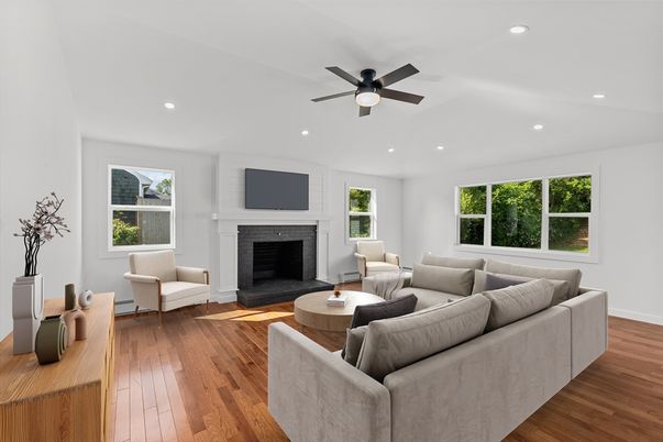 Fireplace, Interior, Living room, Recessed Lighting, Wood Texture Flooring