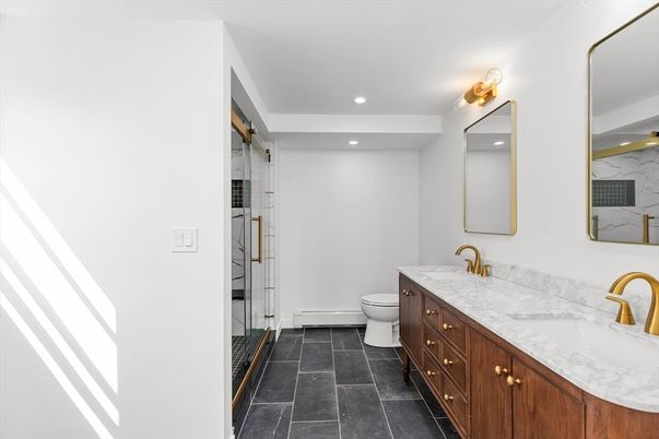 Bathroom, Dual Sink Vanities, Glass Shower, Interior, Recessed Lighting