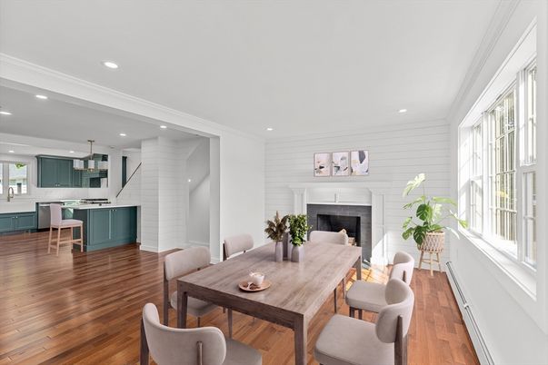 Dining room, Fireplace, Interior, Kitchen, Pendant Lights, Recessed Lighting, Wood Texture Flooring