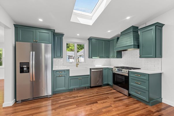 Glass Ceilings, Interior, Kitchen, Recessed Lighting, Stainless Steel Appliances, Wood Texture Flooring