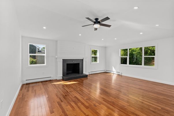 Empty room, Fireplace, Interior, Recessed Lighting, Wood Texture Flooring