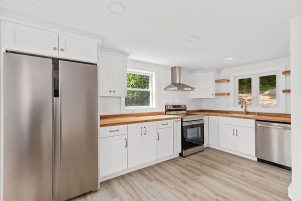 Interior, Kitchen, Recessed Lighting, Stainless Steel Appliances, Wood Texture Flooring