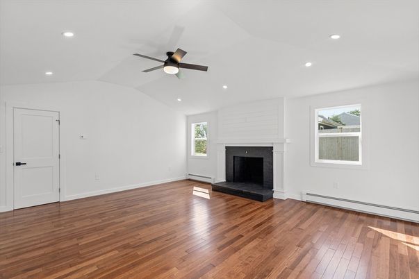 Empty room, Fireplace, Interior, Recessed Lighting, Wood Texture Flooring